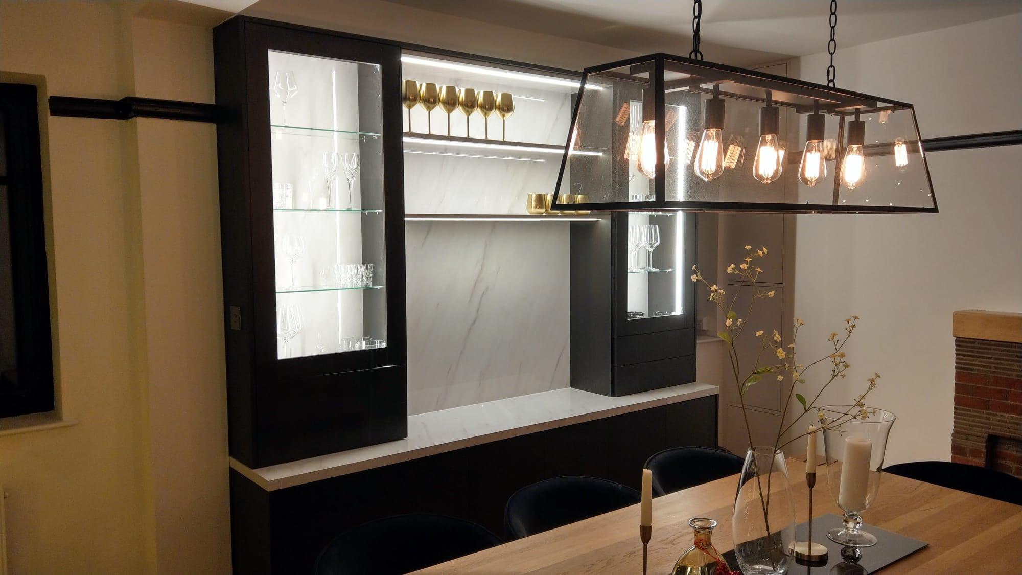 Luxury fitted home bar designed for a small modern UK home