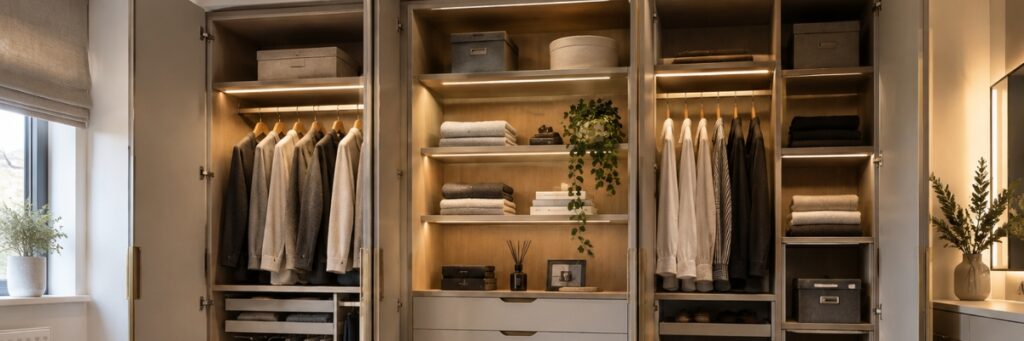 Bespoke Wardrobes with a practical internal layout, featuring hanging rails, drawers, open shelving and organised storage for clothes, shoes and accessories in a modern bedroom at home now.