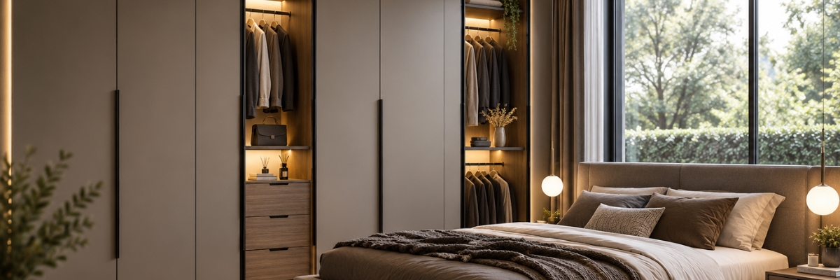 Modern fitted bedroom storage with wardrobes, drawers, shelving and bedside cabinets designed around the room layout for an organised bedroom.