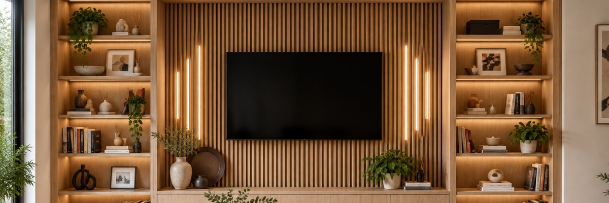 Media wall for a small living room with a wall-mounted TV, integrated storage, concealed cables and a balanced modern design.