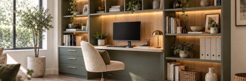 Built-in desk ideas for a modern home office with integrated storage, creating a stylish and practical fitted workspace.