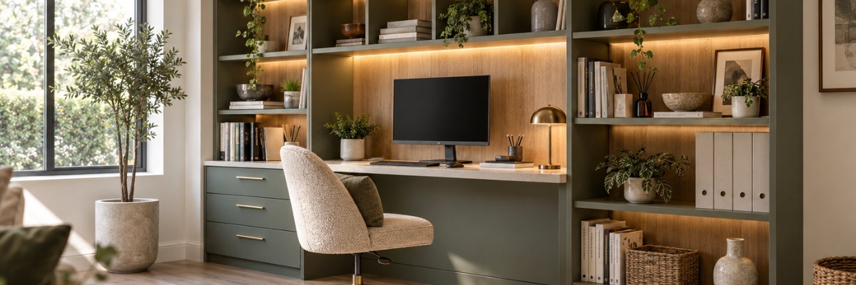 Built-in desk ideas for a modern home office with integrated storage, creating a stylish and practical fitted workspace.