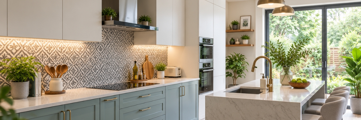 Modern fitted kitchen with bespoke cabinets, practical storage and refined finishes in a home