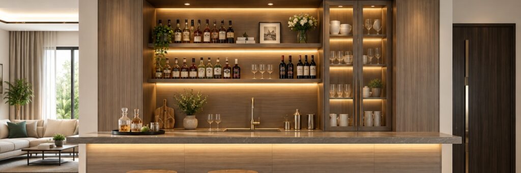Modern fitted bar with bespoke cabinetry, illuminated shelving, built-in wine cooler, premium stone-effect backdrop and stylish seating, creating a practical and elegant fitted bar for contemporary homes.