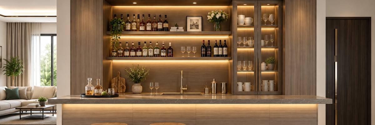 Modern fitted bar with bespoke cabinetry, illuminated shelving, built-in wine cooler, premium stone-effect backdrop and stylish seating, creating a practical and elegant fitted bar for contemporary homes.