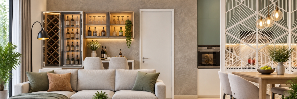 Modern fitted bar with bespoke dark cabinetry, illuminated shelving, built-in wine cooler and stylish seating, creating a sophisticated entertaining space that blends seamlessly into an open-plan living room.
